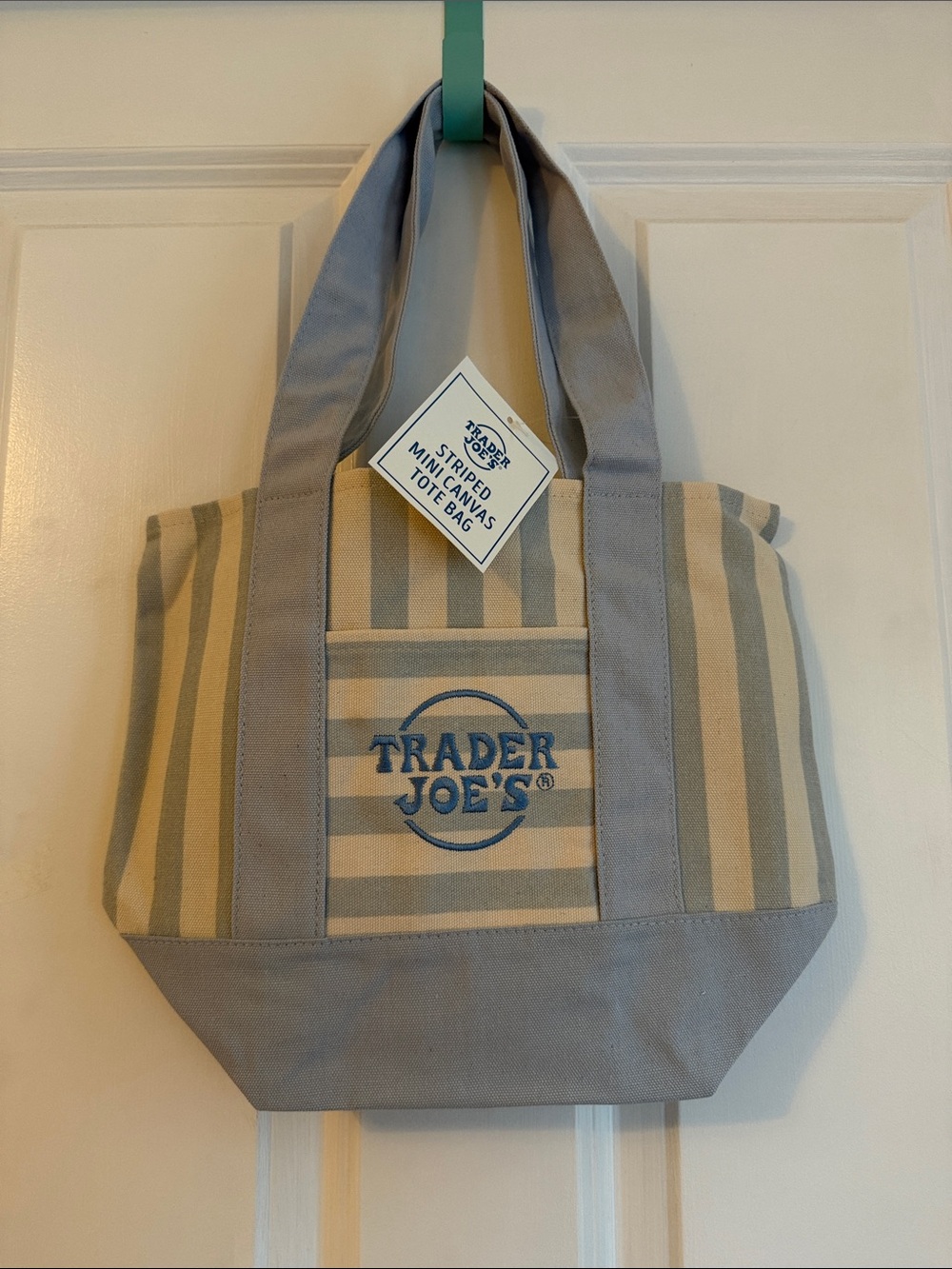 Trader Joe's Gray & Cream Striped Mini Canvas Tote Bag